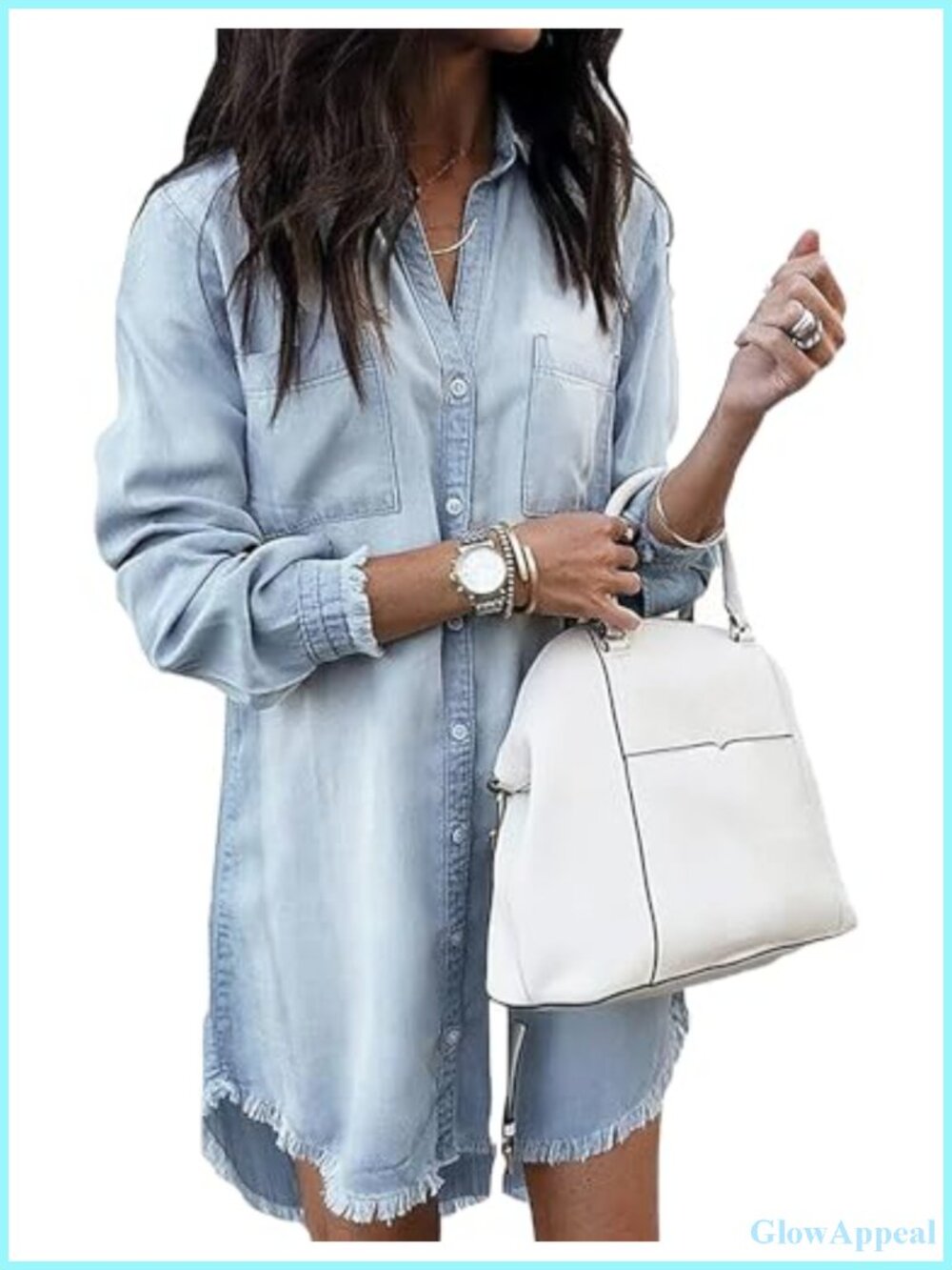 Women's Long Sleeve Button Down Denim Shirt Dress Frayed Hem Tunic